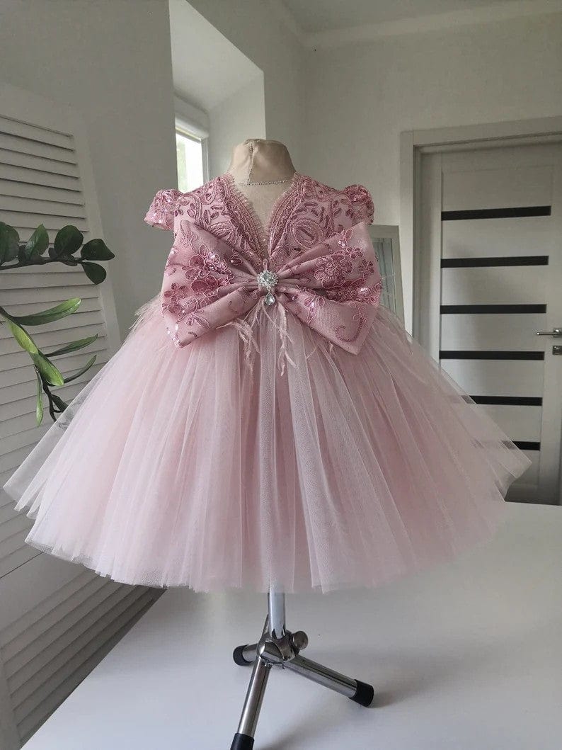 Sunnypetal Puffy Tull Ankle-Length Flower Girl Dress with Sparkly Lace Bodice&Feathers