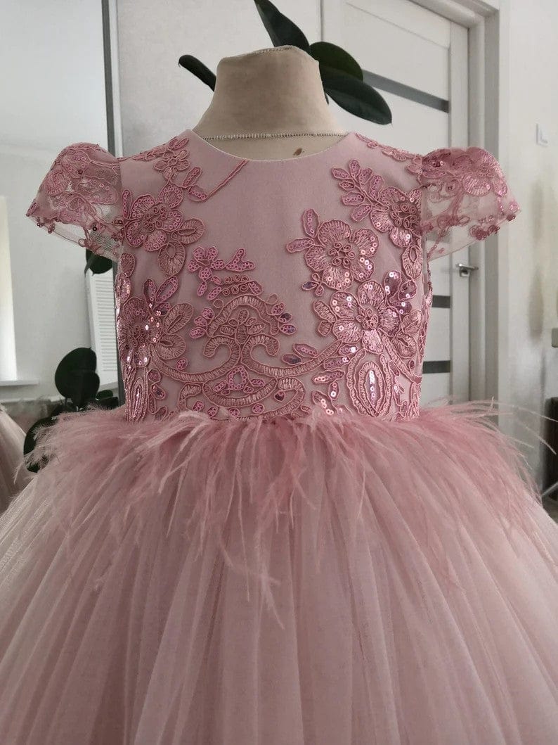 Sunnypetal Puffy Tull Ankle-Length Flower Girl Dress with Sparkly Lace Bodice&Feathers