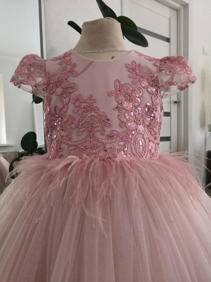 Sunnypetal Puffy Tull Ankle-Length Flower Girl Dress with Sparkly Lace Bodice&Feathers