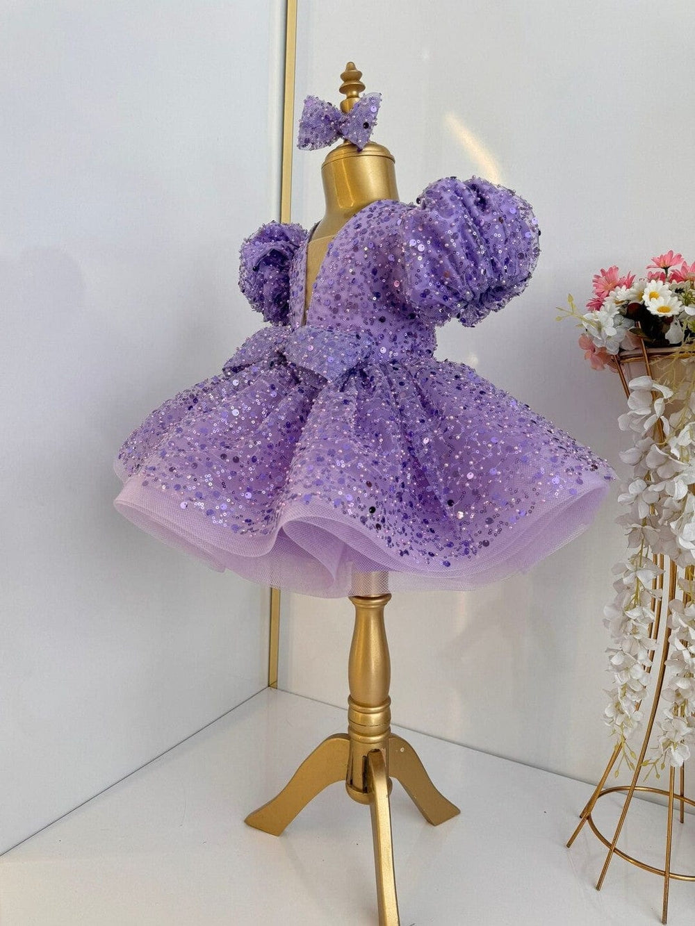 Sunnypetal Purple Puffy Sequined Tulle Princess Prom Flower Girl Dresses