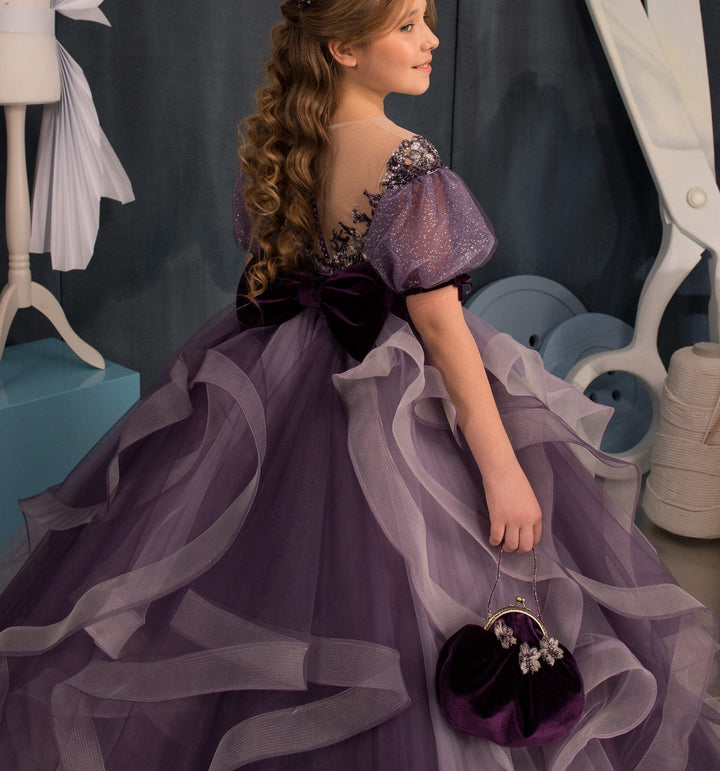 Sunnypetal Purple Tulle Lace Appliques Floor-Length Flower Girl Ruffles Dress