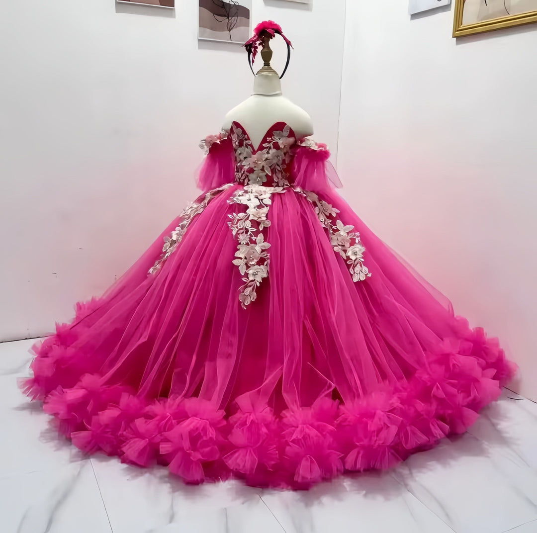 Sunnypetal Radiant Fuchsia Off-Shoulder Floral Appliqué Flower Girl Ball Gown