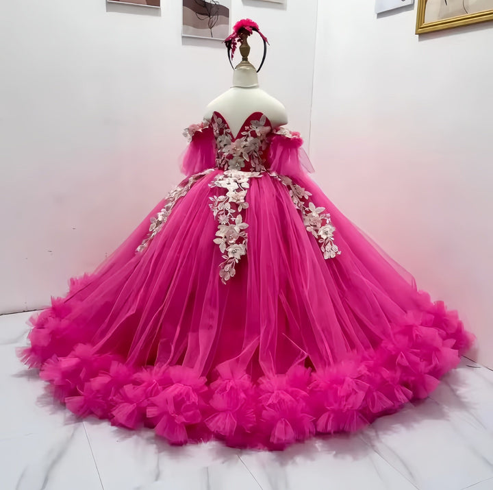 Sunnypetal Radiant Fuchsia Off-Shoulder Floral Appliqué Flower Girl Ball Gown
