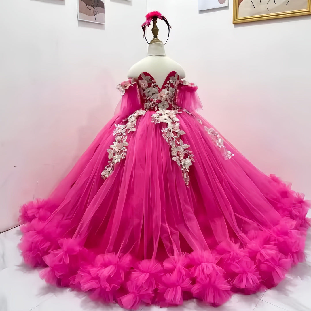 Sunnypetal Radiant Fuchsia Off-Shoulder Floral Appliqué Flower Girl Ball Gown