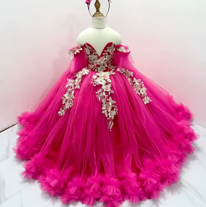 Sunnypetal Radiant Fuchsia Off-Shoulder Floral Appliqué Flower Girl Ball Gown
