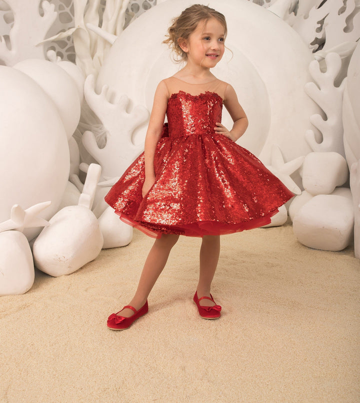 Sunnypetal Red Ball-Gown Knee-Length Tulle Lace Sequins Bow Child Flower Girl Dress