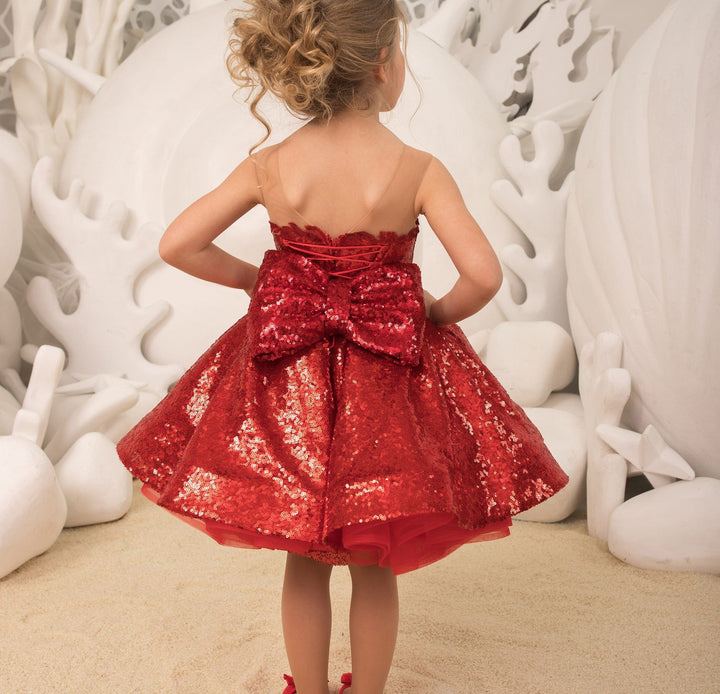 Sunnypetal Red Ball-Gown Knee-Length Tulle Lace Sequins Bow Child Flower Girl Dress