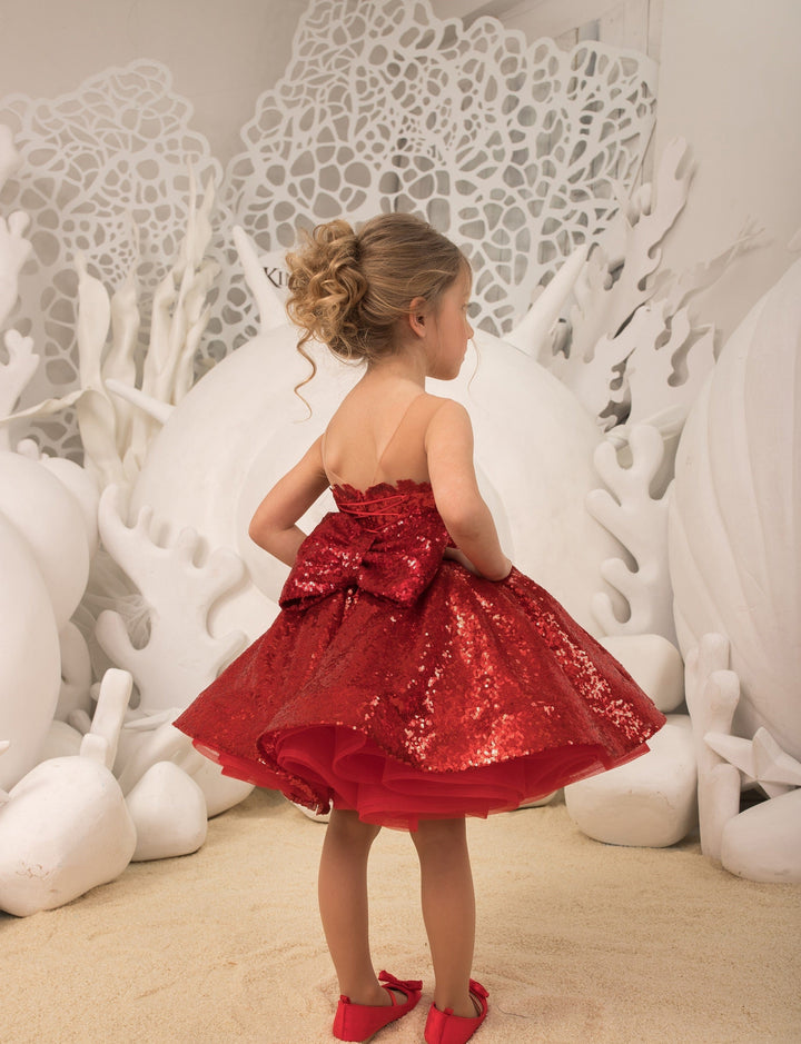 Sunnypetal Red Ball-Gown Knee-Length Tulle Lace Sequins Bow Child Flower Girl Dress
