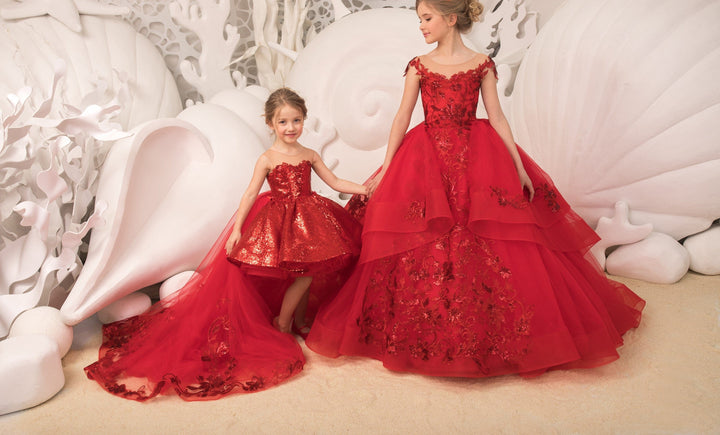 Sunnypetal Red Ball-Gown Knee-Length Tulle Lace Sequins Bow Child Flower Girl Dress