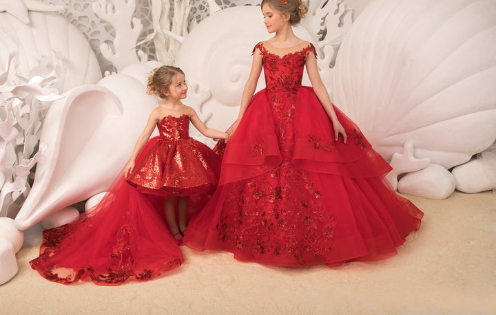 Sunnypetal Red Ball-Gown Knee-Length Tulle Lace Sequins Bow Child Flower Girl Dress