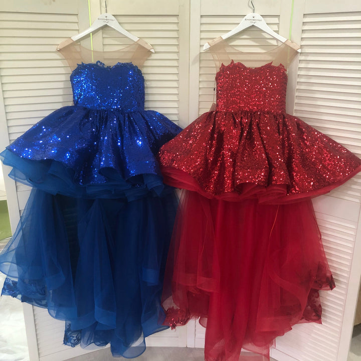 Sunnypetal Red Ball-Gown Knee-Length Tulle Lace Sequins Bow Child Flower Girl Dress