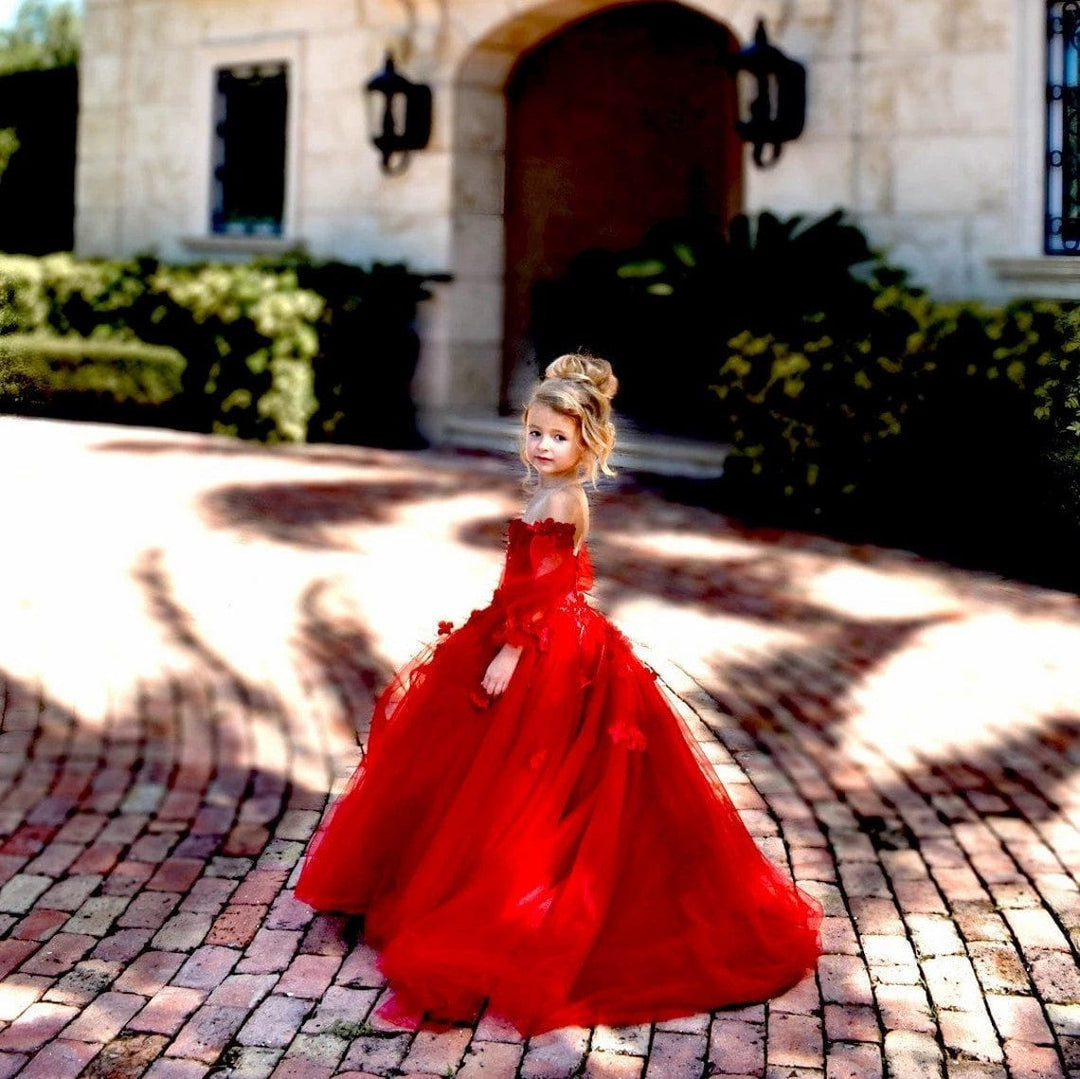 Sunnypetal Red Flower Girl Dress Ball Gown Pageant Luxury Princess Dress