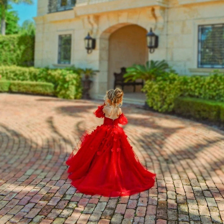 Sunnypetal Red Flower Girl Dress Ball Gown Pageant Luxury Princess Dress