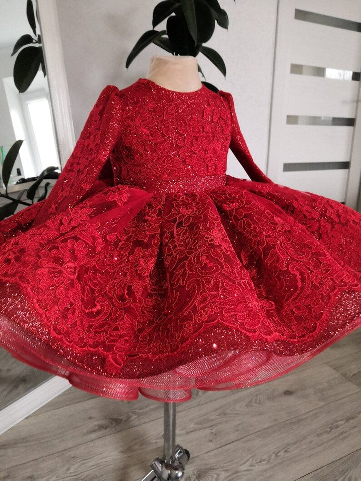 Sunnypetal Red Lace Sparkling Knee-Length Flower Girl Dresses with Bow