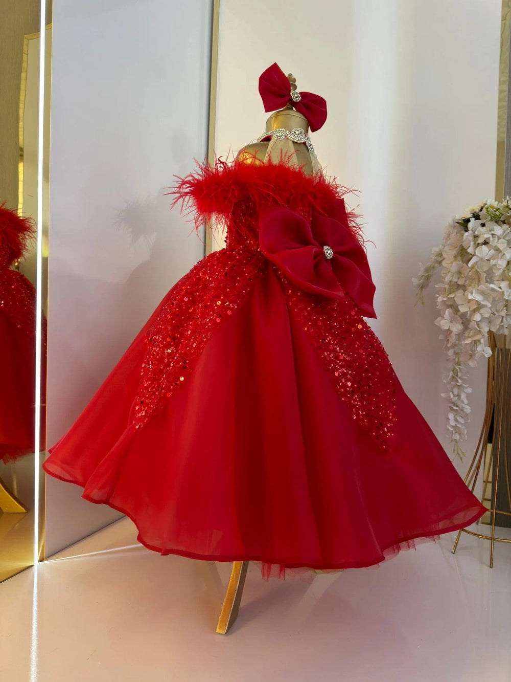 Sunnypetal Red Puffy Feathers Sequin Wedding Pageant Prom Flower Girl Dresses
