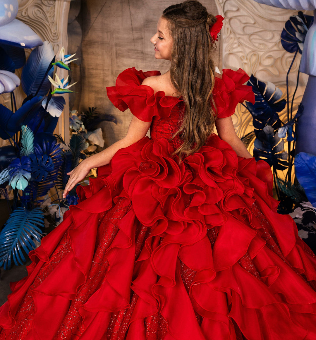Sunnypetal Red Ruffled Princess Ball Gown with Sparkling Tulle and 3D Floral Details
