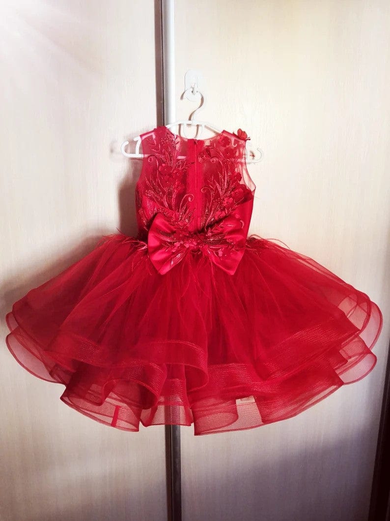Sunnypetal Red Sleeveless Lace Flowers Feathers Ball-Gown Flower Girl Dresses