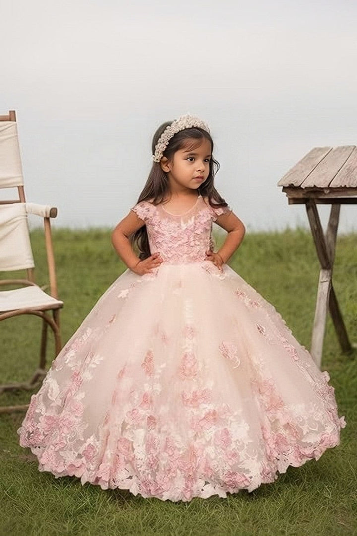 Sunnypetal Romantic Blush Floral Lace Tulle Flower Girl Ball Gown