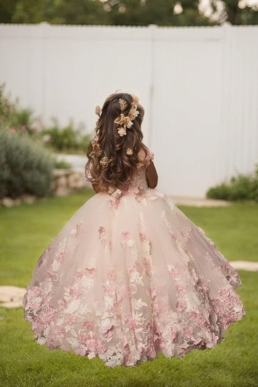 Sunnypetal Romantic Blush Floral Lace Tulle Flower Girl Ball Gown