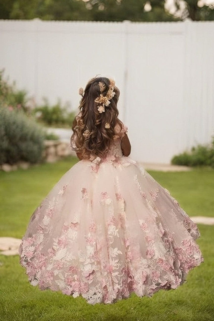 Sunnypetal Romantic Blush Floral Lace Tulle Flower Girl Ball Gown