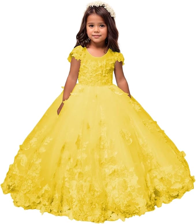 Sunnypetal Romantic Blush Floral Lace Tulle Flower Girl Ball Gown