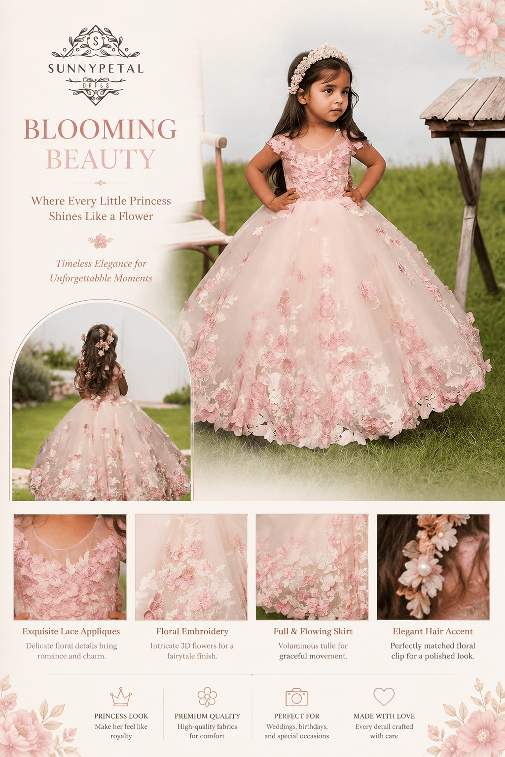 Sunnypetal Romantic Blush Floral Lace Tulle Flower Girl Ball Gown