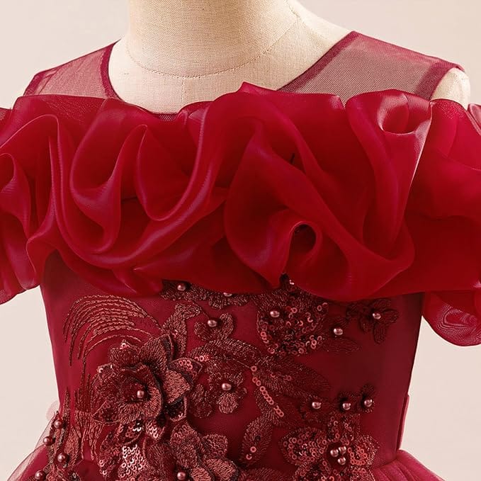 Sunnypetal Romantic Off-the-Shoulder Tulle Flower Girl Dress with Floral Appliqués