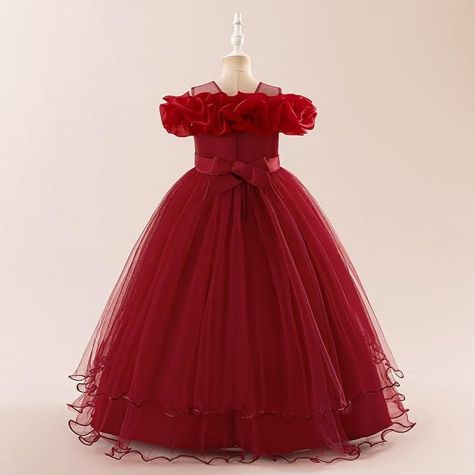 Sunnypetal Romantic Off-the-Shoulder Tulle Flower Girl Dress with Floral Appliqués