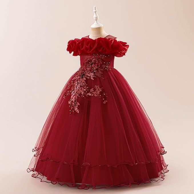Sunnypetal Romantic Off-the-Shoulder Tulle Flower Girl Dress with Floral Appliqués
