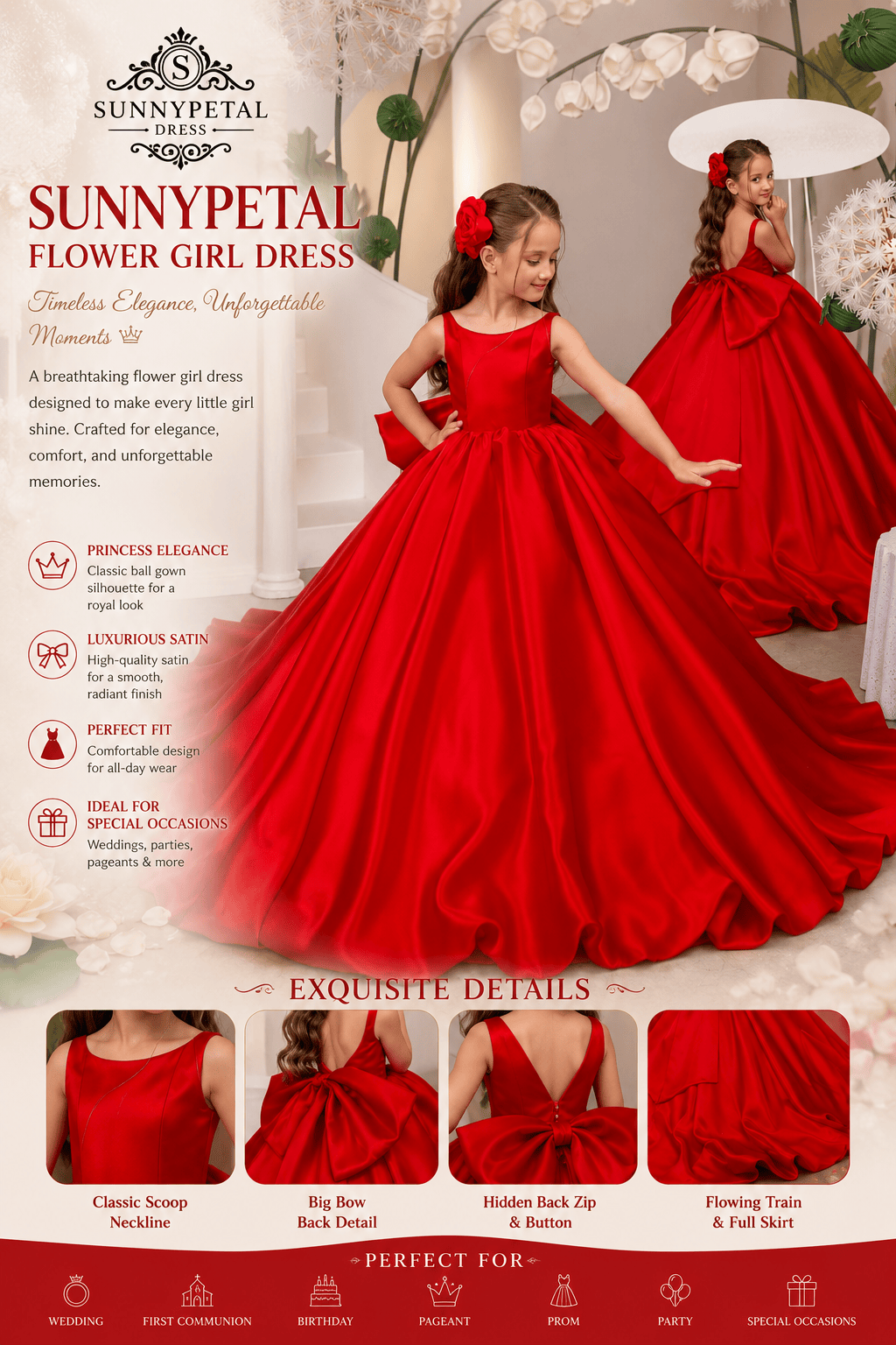 Sunnypetal Romantic Red Sleeveless Satin Flower Girl Dress with Oversized Bow