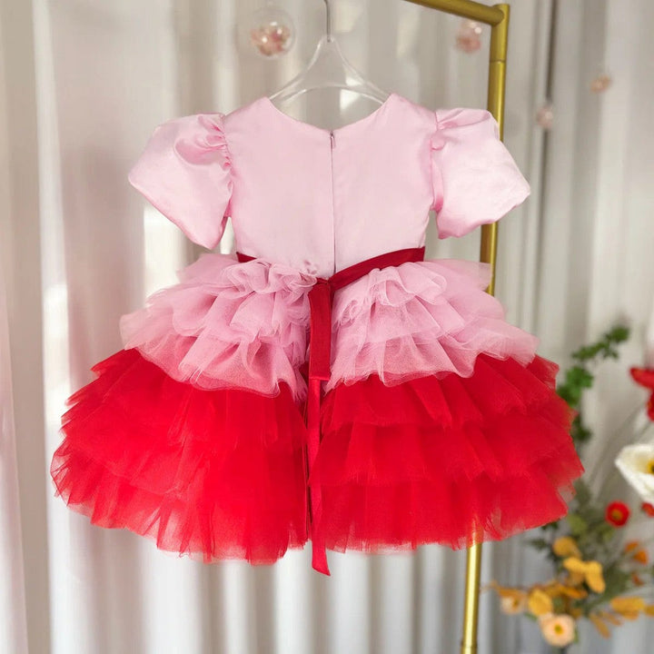 Sunnypetal Rose Carnival – Layered Tulle Flower Girl Dress in Pink & Red