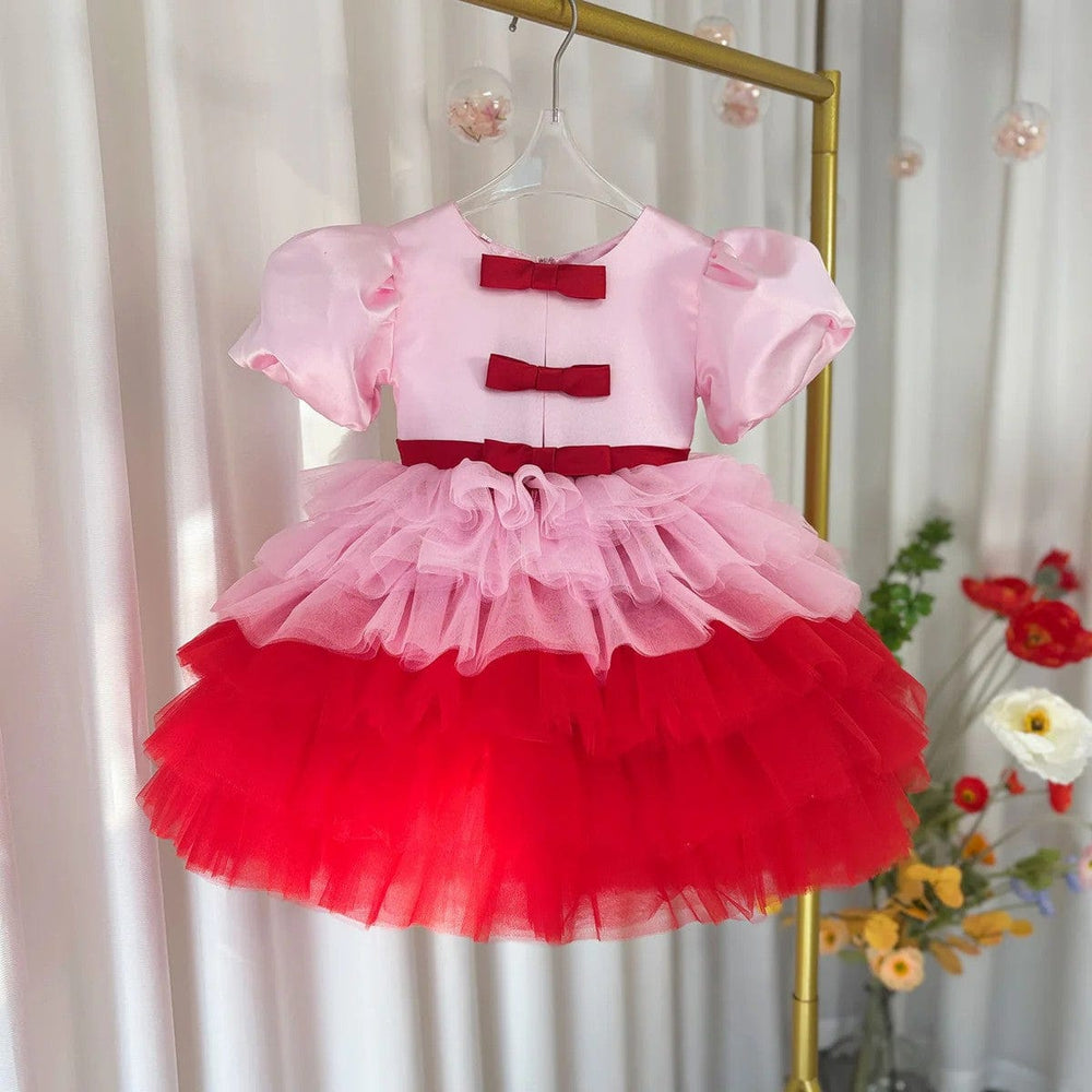 Sunnypetal Rose Carnival – Layered Tulle Flower Girl Dress in Pink & Red