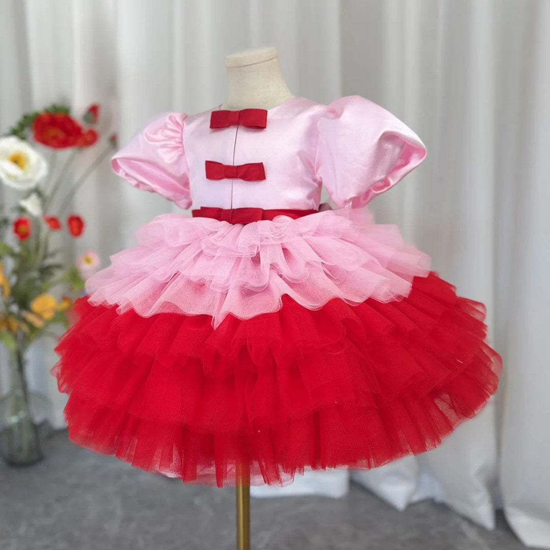 Sunnypetal Rose Carnival – Layered Tulle Flower Girl Dress in Pink & Red