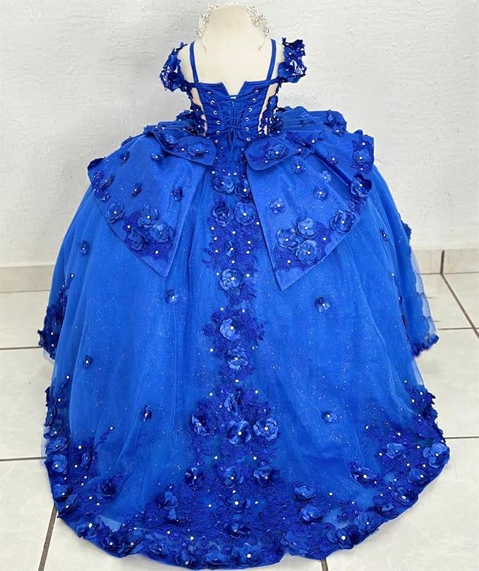 Sunnypetal Royal Blue 3D Floral Lace-Up Tulle Ball Gown Flower Girl Dress with Bows