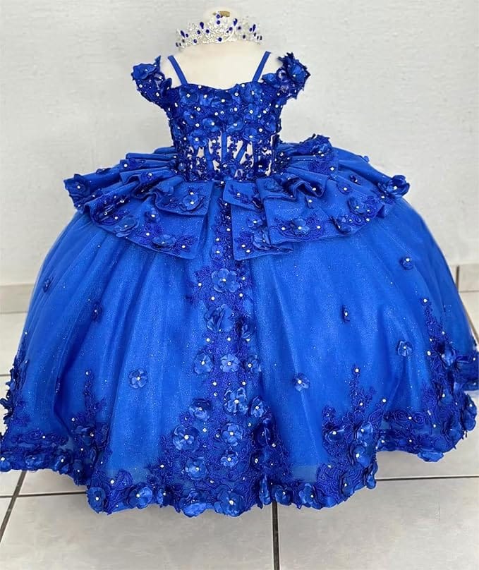 Sunnypetal Royal Blue 3D Floral Lace-Up Tulle Ball Gown Flower Girl Dress with Bows