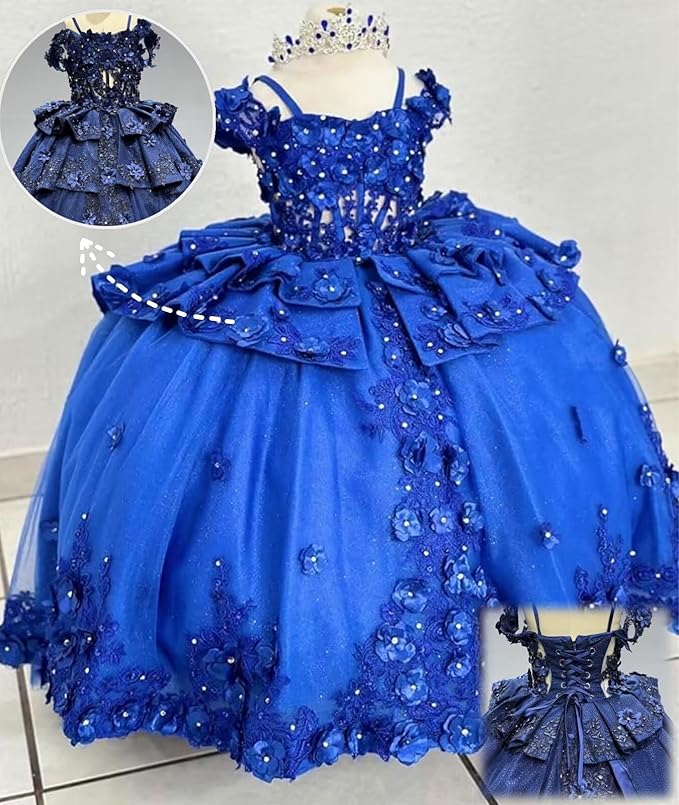 Sunnypetal Royal Blue 3D Floral Lace-Up Tulle Ball Gown Flower Girl Dress with Bows