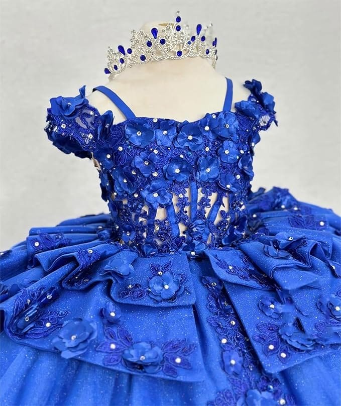 Sunnypetal Royal Blue 3D Floral Lace-Up Tulle Ball Gown Flower Girl Dress with Bows