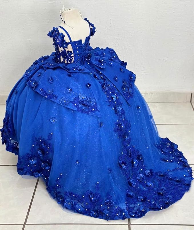 Sunnypetal Royal Blue 3D Floral Lace-Up Tulle Ball Gown Flower Girl Dress with Bows