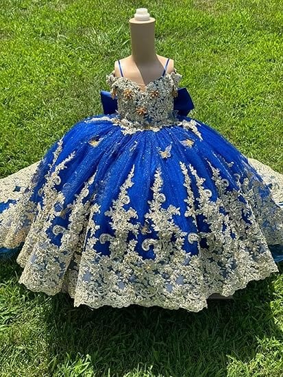 Sunnypetal Royal Blue Embroidered Ball Gown Flower Girl Pageant Dress with Bow