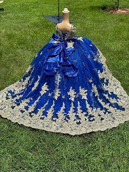 Sunnypetal Royal Blue Embroidered Ball Gown Flower Girl Pageant Dress with Bow