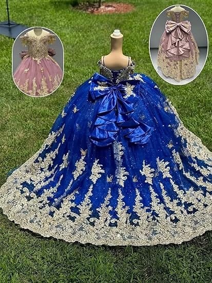 Sunnypetal Royal Blue Embroidered Ball Gown Flower Girl Pageant Dress with Bow