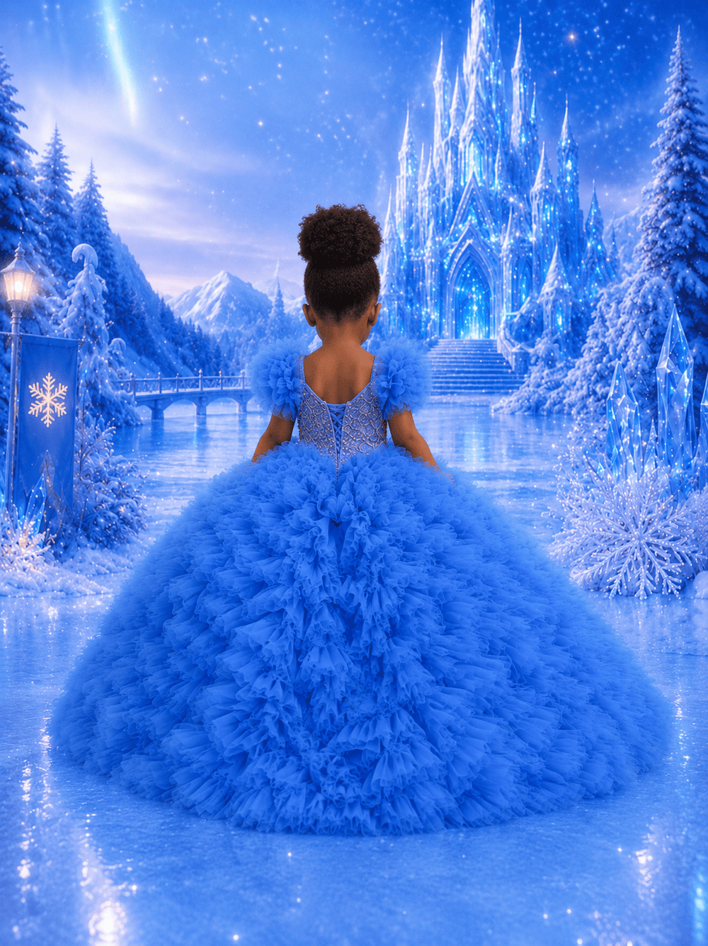 Sunnypetal Royal Blue Tulle Ball Gown Flower Girl Dress with Floral Details & Puff Sleeves