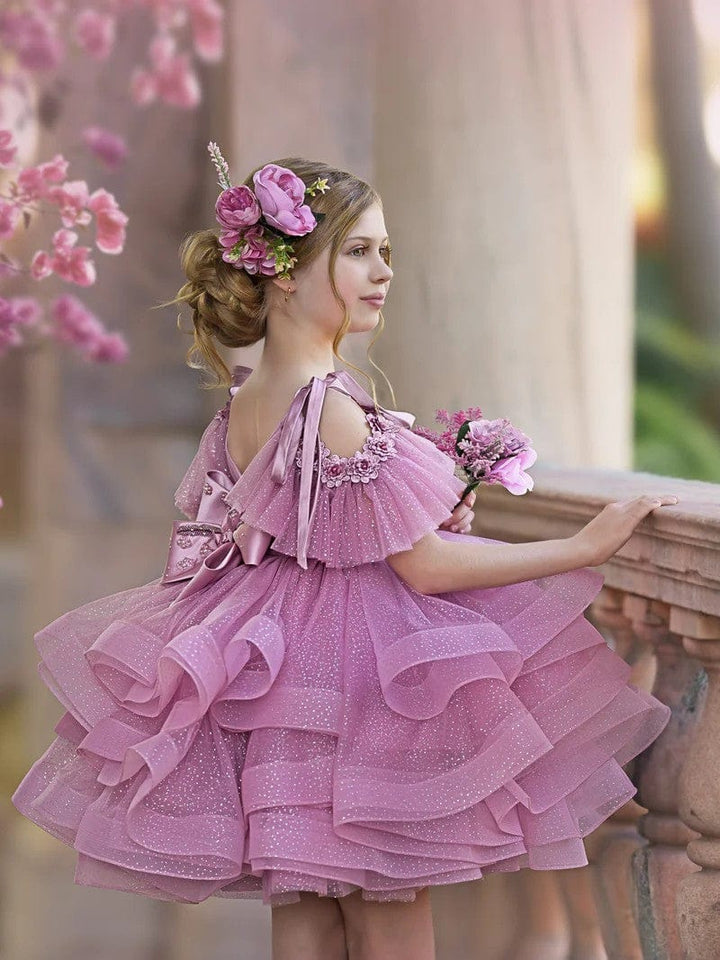 Sunnypetal Ruffles Tiered Tulle Knee-Length Ball-Gown Birthday Pageant Flower Girl Dress