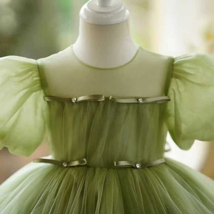 Sunnypetal Sage Green Puff Sleeves Flower Girl Dress 1st Toddler Wedding Birthday