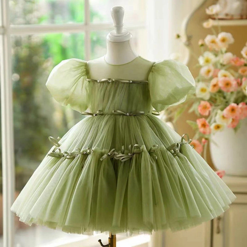 Sunnypetal Sage Green Puff Sleeves Flower Girl Dress 1st Toddler Wedding Birthday
