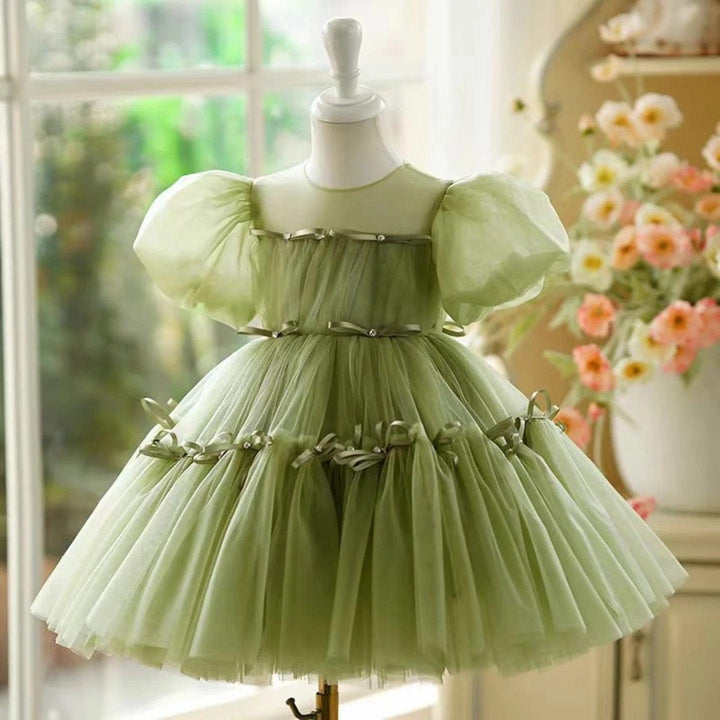 Sunnypetal Sage Green Puff Sleeves Flower Girl Dress 1st Toddler Wedding Birthday