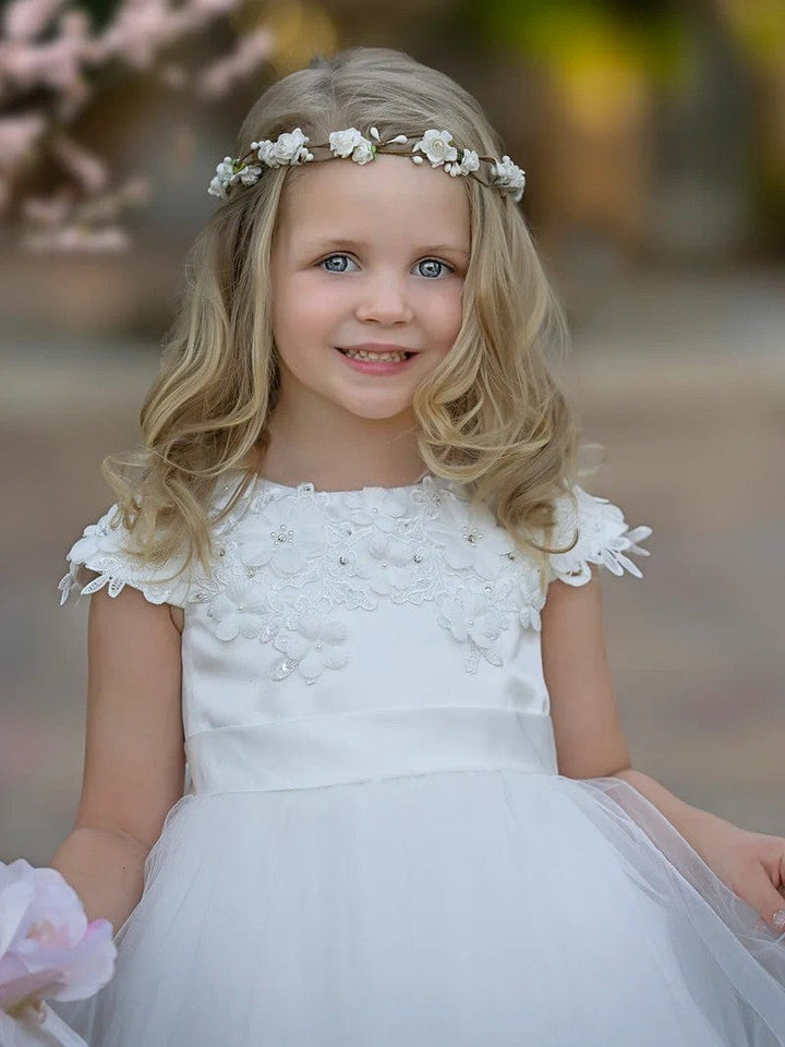 Sunnypetal Satin Floral Appliques Knee-Length Tulle First Communion Flower Girl Dress