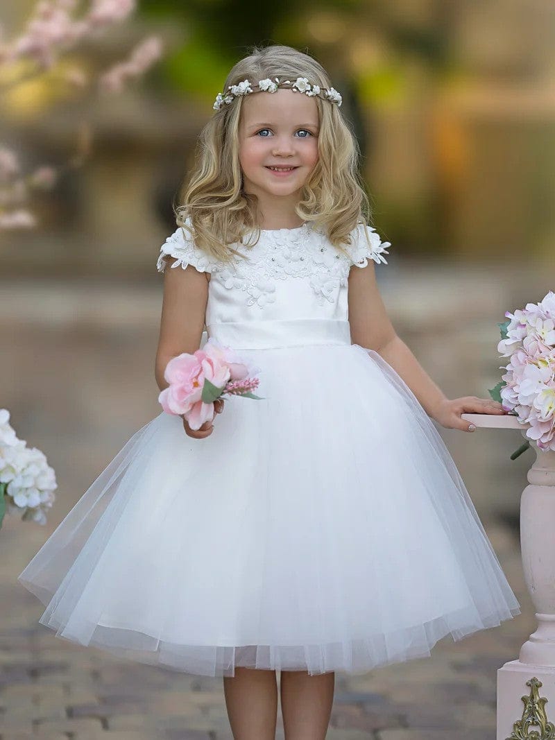 Sunnypetal Satin Floral Appliques Knee-Length Tulle First Communion Flower Girl Dress