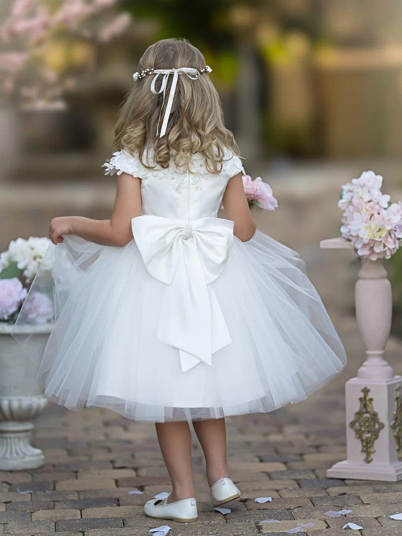 Sunnypetal Satin Floral Appliques Knee-Length Tulle First Communion Flower Girl Dress