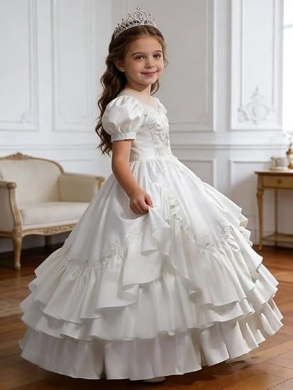 Sunnypetal Satin Sweetheart Neck Puffy Sleeve Lace Applique Princess Flower Girl Dress